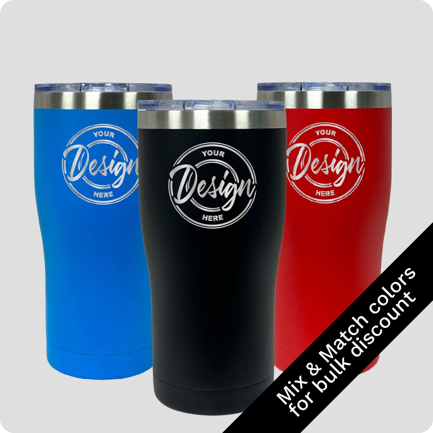 Bundle of three 20oz stainless steel tumblers in Blue, Black, and Red, double-wall vacuum insulated with powder-coated finish, shown with sample custom engraving and mix and match colors available for bulk discount.