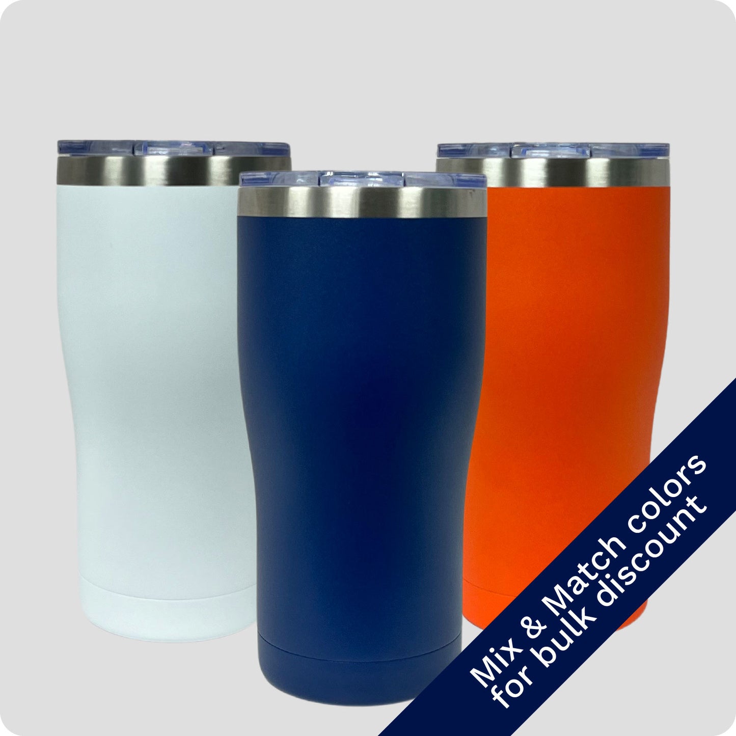 Bundle of three 20oz stainless steel tumblers in White, Navy, and Orange, double-wall vacuum insulated with powder-coated finish, shown with mix and match colors available for bulk discount.