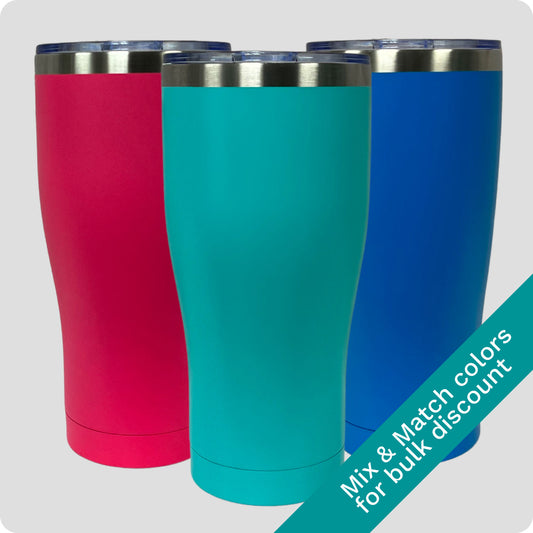 Bundle of three 30oz stainless steel tumblers in Pink, Seafoam, and Blue, double-wall vacuum insulated with a powder-coated finish, shown with mix and match colors available for bulk discount.