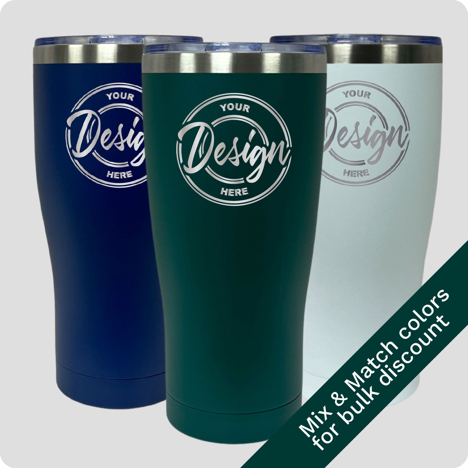 Bundle of three 30oz stainless steel tumblers in Dark Blue, Dark Green, and White, double-wall vacuum insulated with a powder-coated finish, featuring sample custom laser engraving and mix and match colors available for bulk discount.