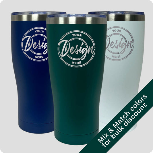 Bundle of three 30oz stainless steel tumblers in Dark Blue, Dark Green, and White, double-wall vacuum insulated with a powder-coated finish, featuring sample custom laser engraving and mix and match colors available for bulk discount.