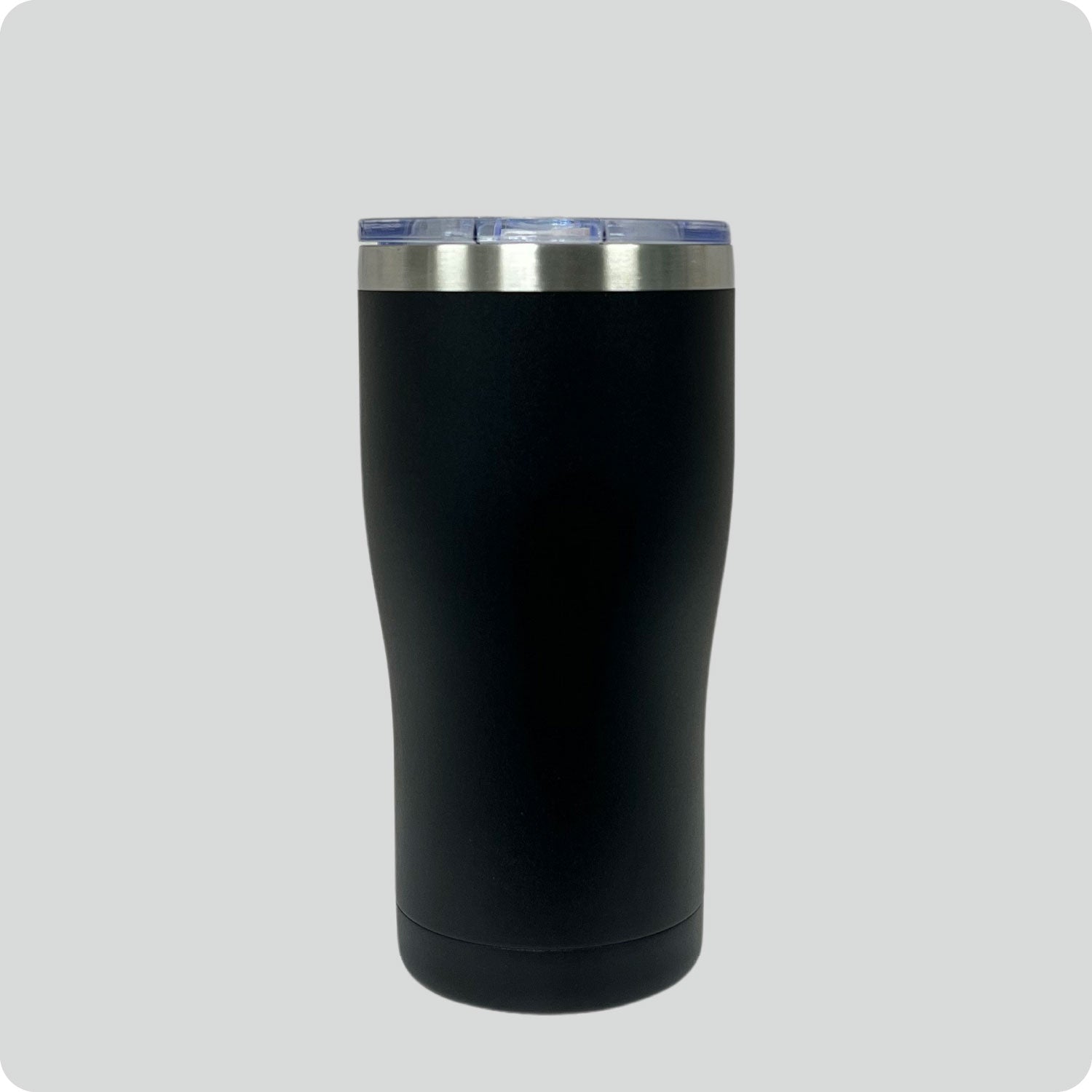 Black 20oz stainless steel tumbler, double-wall vacuum insulated with a powder-coated finish, shown against a flat, matching backdrop.