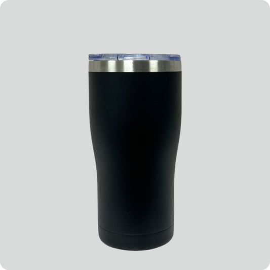 Black 20oz stainless steel tumbler, double-wall vacuum insulated with a powder-coated finish, shown against a flat, matching backdrop.