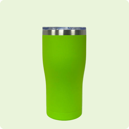 Lime Green 20oz stainless steel tumbler, double-wall vacuum insulated with a powder-coated finish, shown against a flat, matching backdrop.