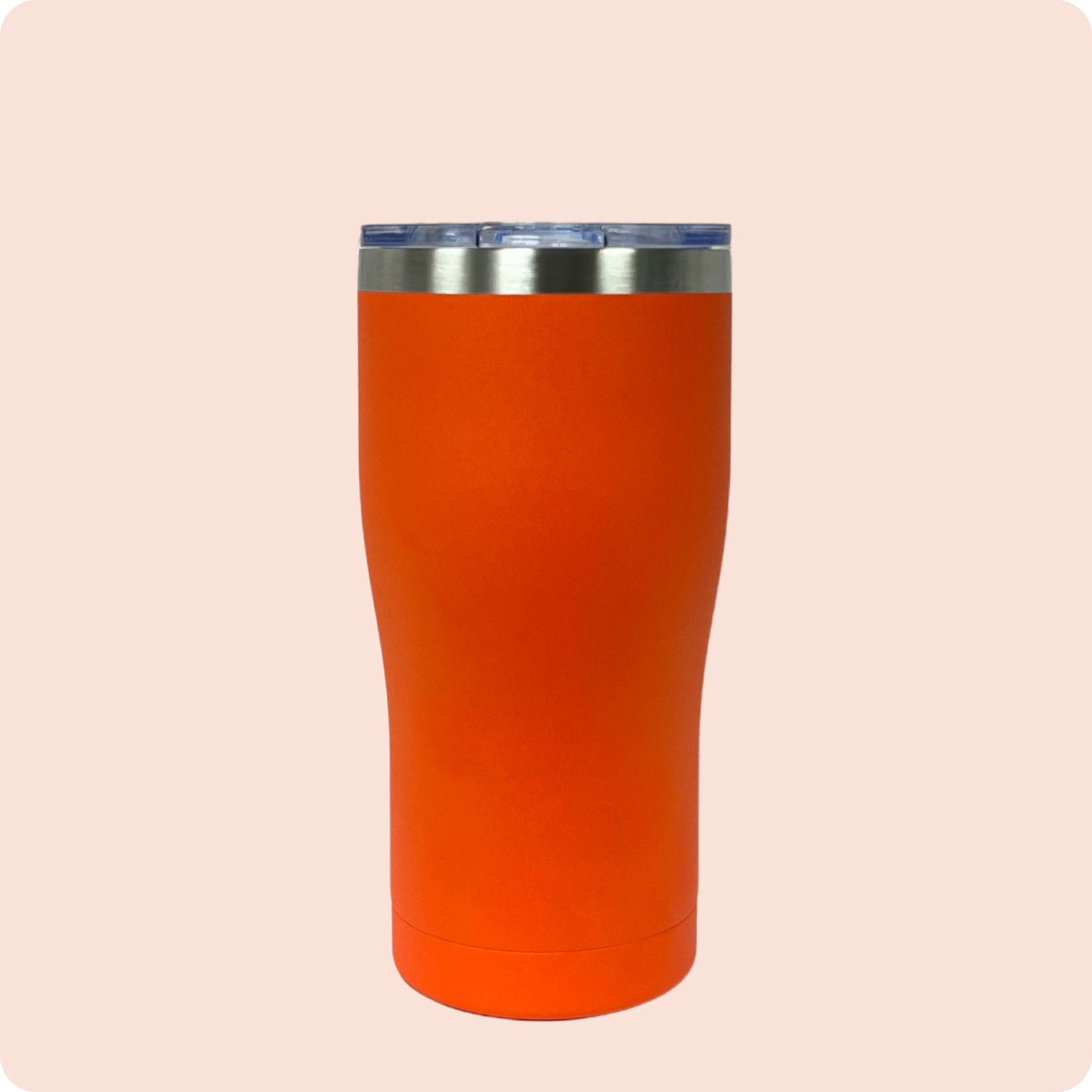 Orange 20oz stainless steel tumbler, double-wall vacuum insulated with a powder-coated finish, shown against a flat, matching backdrop.