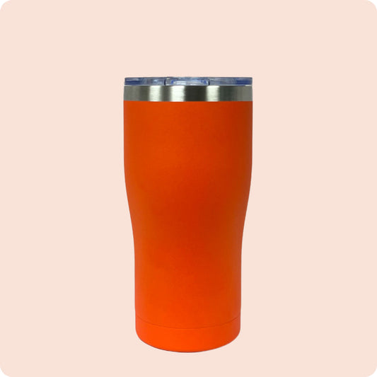 Orange 20oz stainless steel tumbler, double-wall vacuum insulated with a powder-coated finish, shown against a flat, matching backdrop.