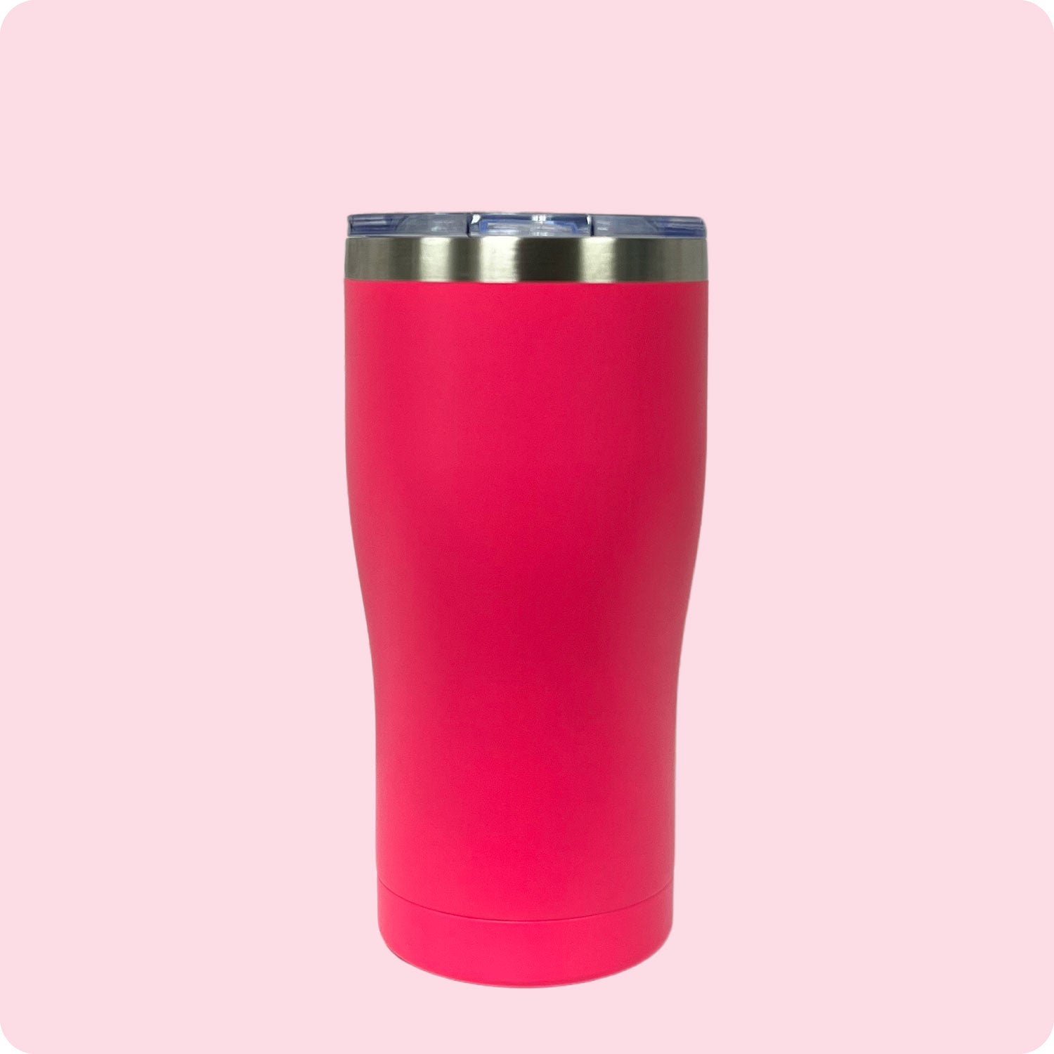 Pink 20oz stainless steel tumbler, double-wall vacuum insulated with a powder-coated finish, shown against a flat, matching backdrop.