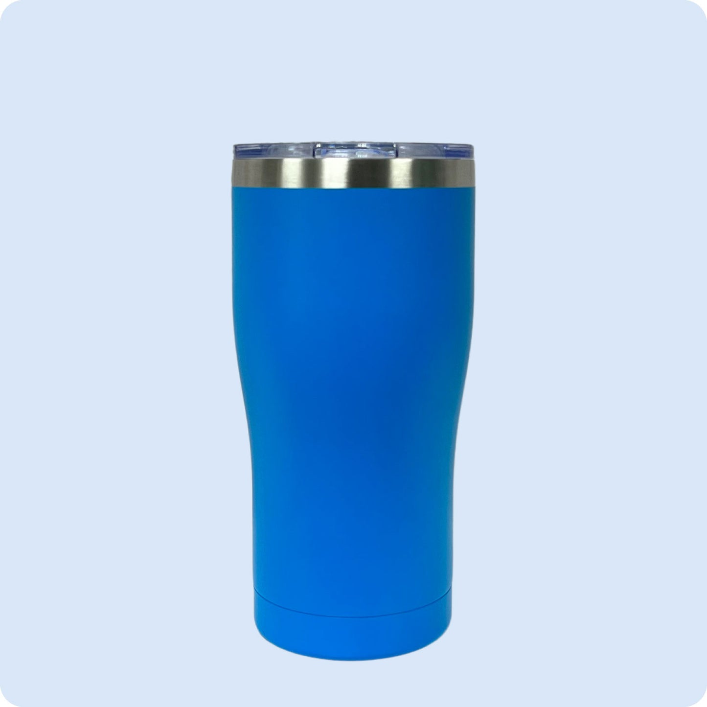 Blue 20oz stainless steel tumbler, double-wall vacuum insulated with a powder-coated finish, shown against a flat, matching backdrop.