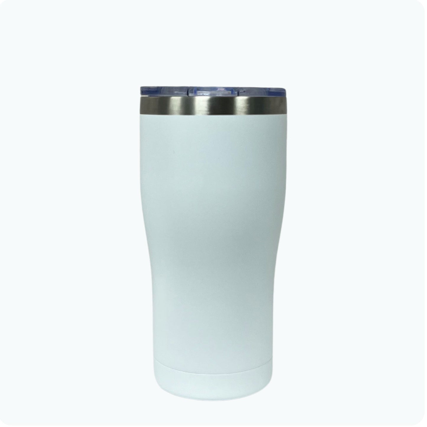 White 20oz stainless steel tumbler, double-wall vacuum insulated with a powder-coated finish, shown against a flat, matching backdrop.