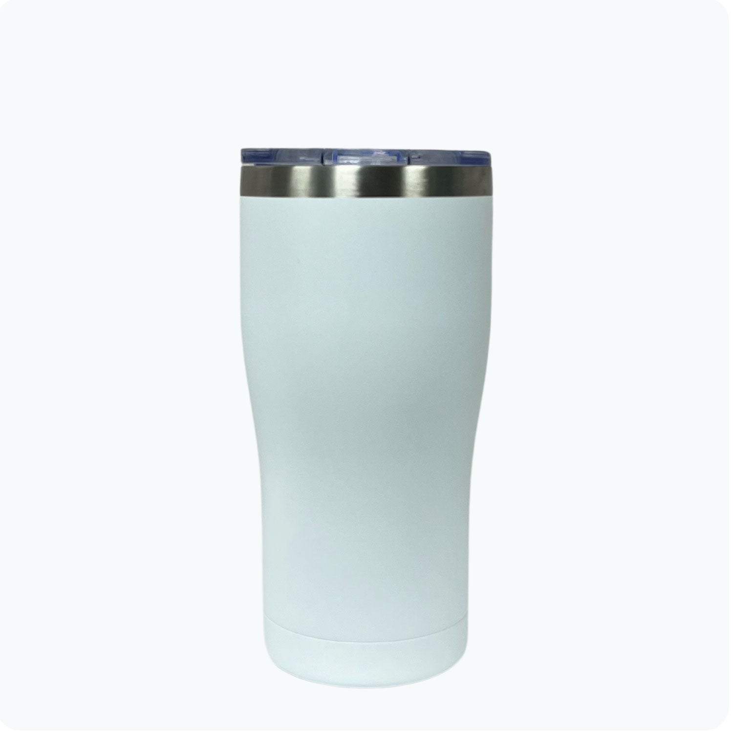 White 20oz stainless steel tumbler, double-wall vacuum insulated with a powder-coated finish, shown against a flat, matching backdrop.