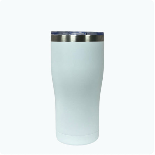 White 20oz stainless steel tumbler, double-wall vacuum insulated with a powder-coated finish, shown against a flat, matching backdrop.
