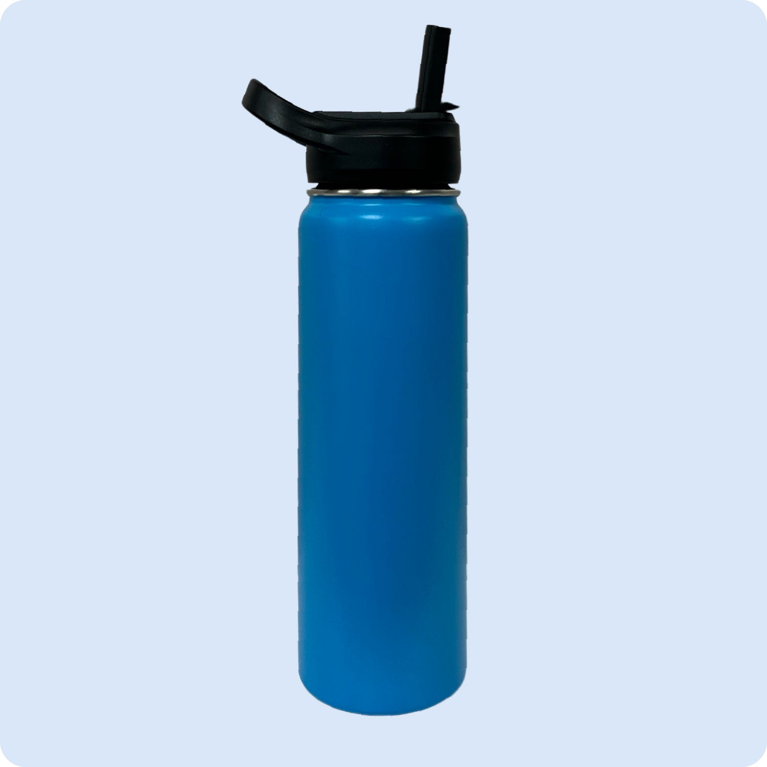 Blue 24oz stainless steel water bottle with sport flip straw lid, double-wall vacuum insulated with a powder-coated finish, shown against a flat, matching backdrop.