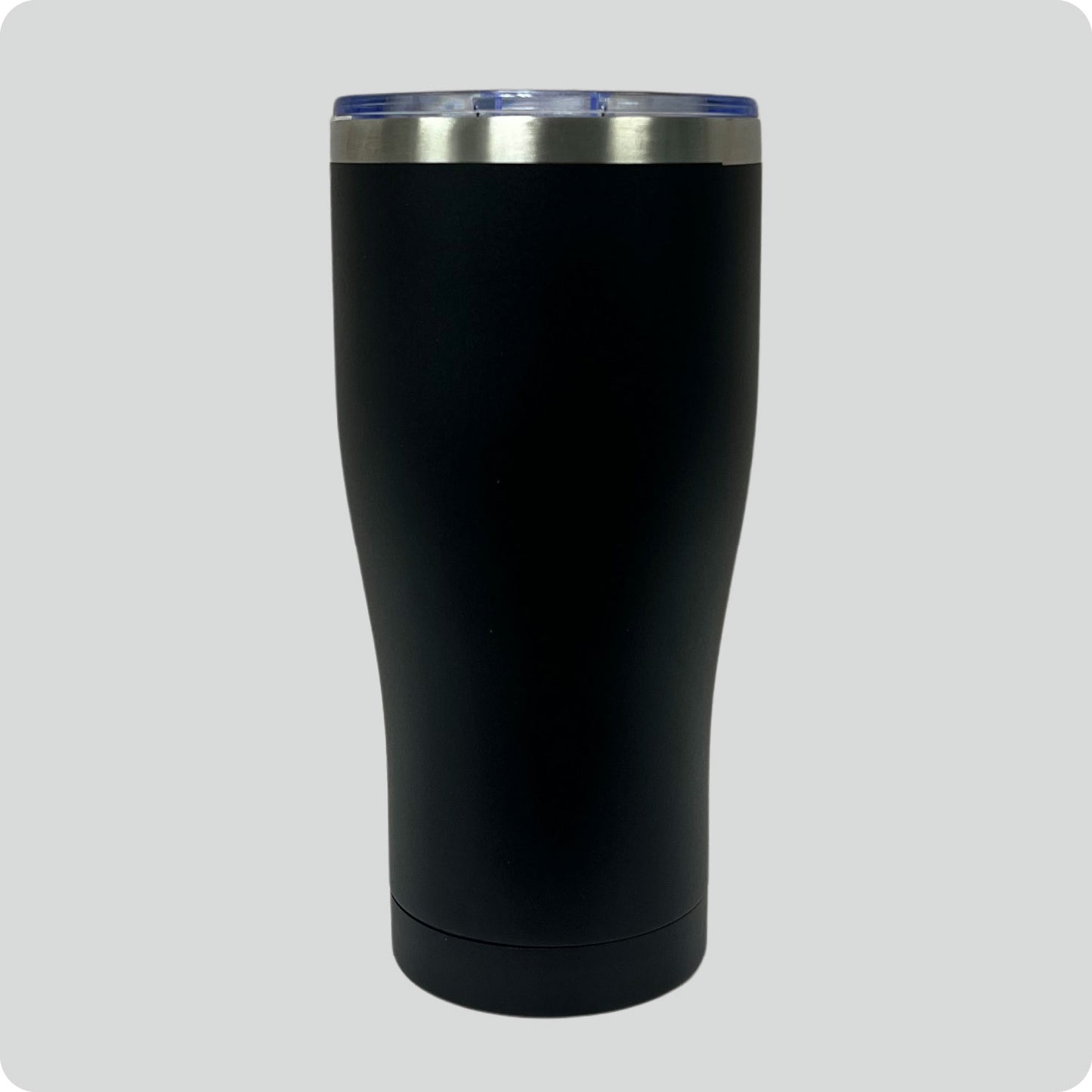 Black 30oz stainless steel tumbler, double-wall vacuum insulated with a powder-coated finish, shown against a flat, matching backdrop.