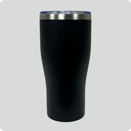Black 30oz stainless steel tumbler, double-wall vacuum insulated with a powder-coated finish, shown against a flat, matching backdrop.