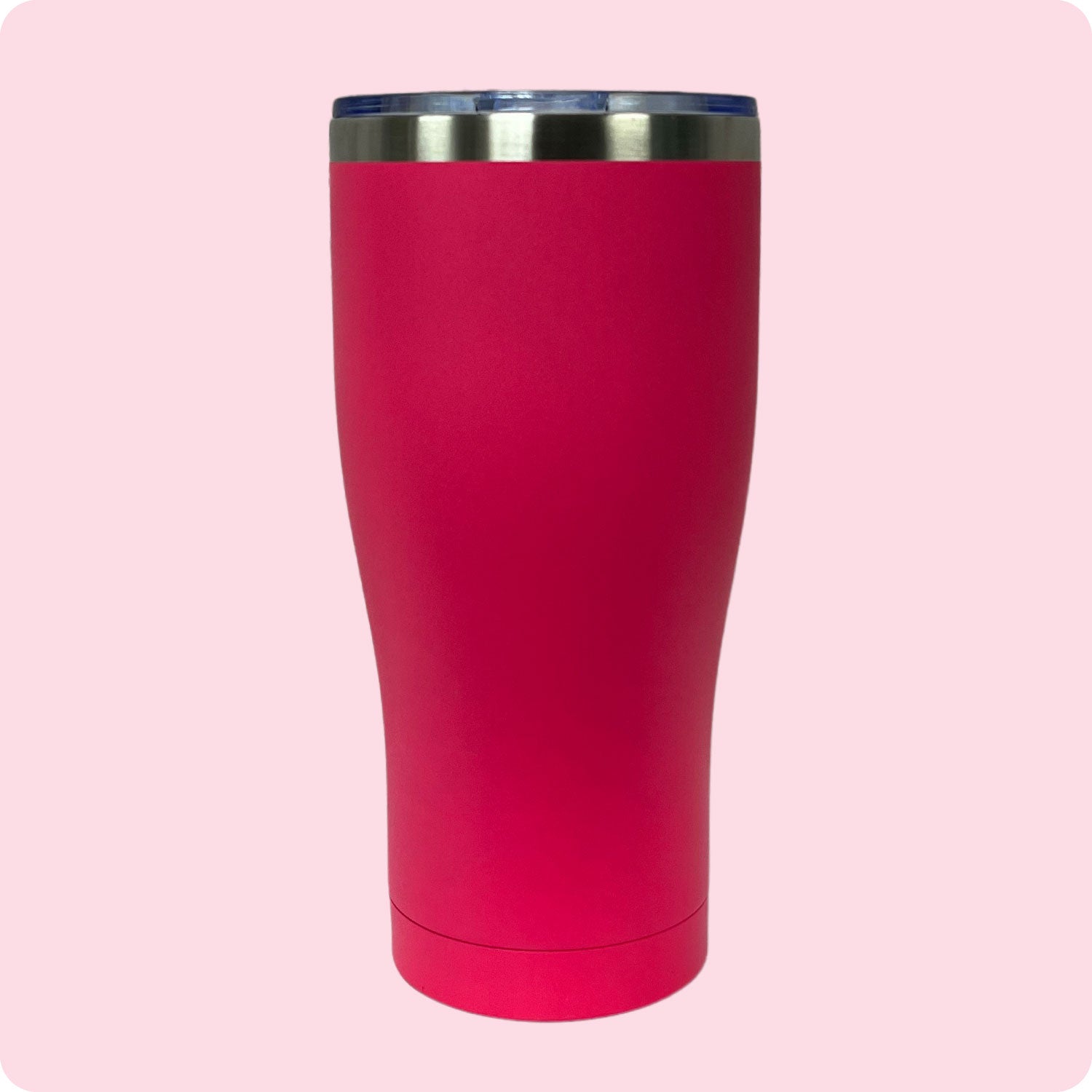 Pink 30oz stainless steel tumbler, double-wall vacuum insulated with a powder-coated finish, shown against a flat, matching backdrop.