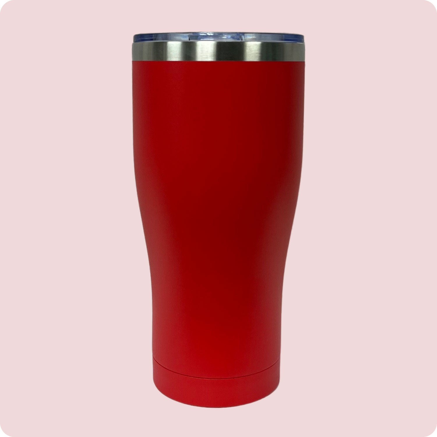 Red 30oz stainless steel tumbler, double-wall vacuum insulated with a powder-coated finish, shown against a flat, matching backdrop.