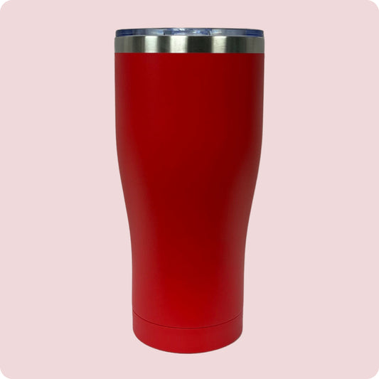 Red 30oz stainless steel tumbler, double-wall vacuum insulated with a powder-coated finish, shown against a flat, matching backdrop.
