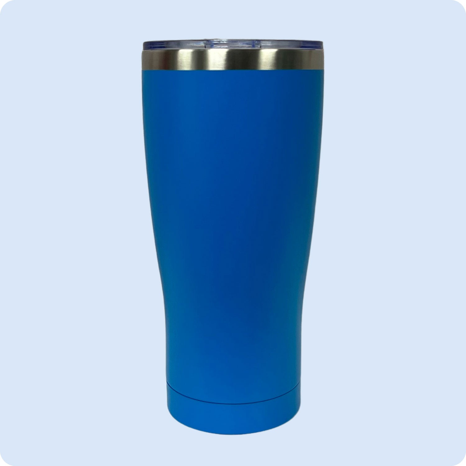 Blue 30oz stainless steel tumbler, double-wall vacuum insulated with a powder-coated finish, shown against a flat, matching backdrop.