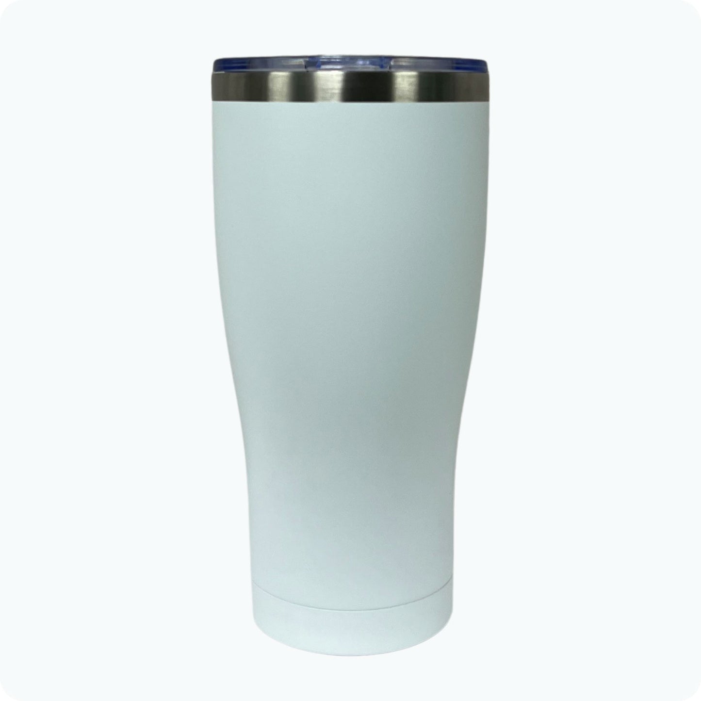 White 30oz stainless steel tumbler, double-wall vacuum insulated with a powder-coated finish, shown against a flat, matching backdrop.