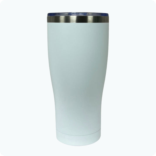White 30oz stainless steel tumbler, double-wall vacuum insulated with a powder-coated finish, shown against a flat, matching backdrop.